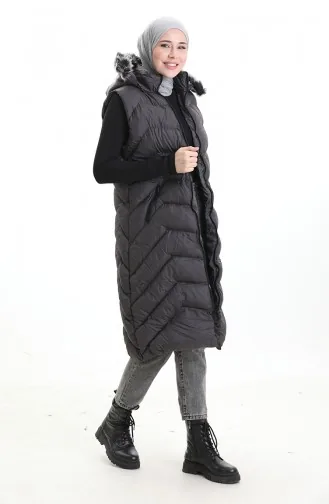 Gilet Long Matelassé à Capuche Et Fermeture éclair 0179-02 Anthracite 0179-02