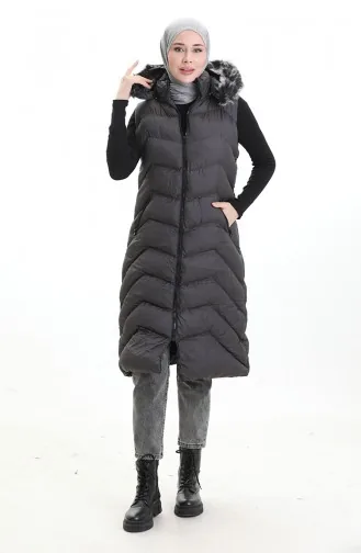 Gilet Long Matelassé à Capuche Et Fermeture éclair 0179-02 Anthracite 0179-02