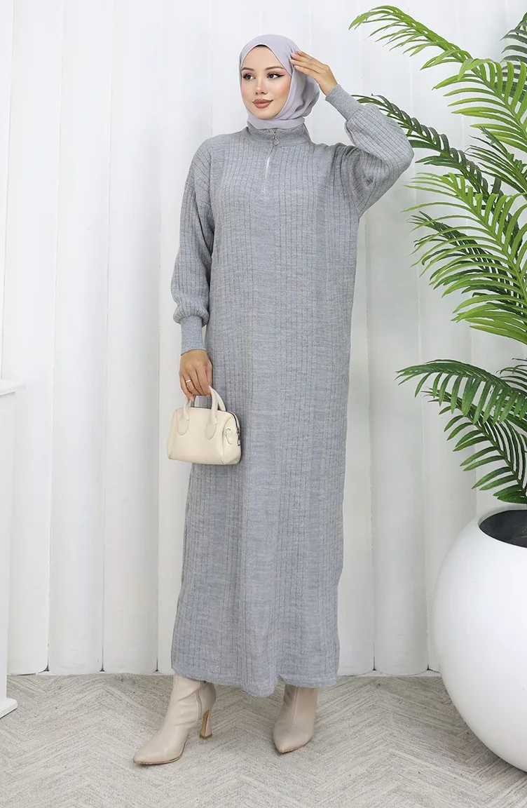 Knitwear Ribbed Zipper Detailed Dress 0005-02 Gray 0005-02