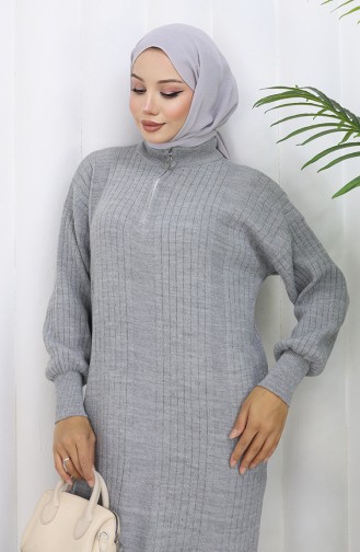 Gebreide Geribbelde Jurk Met Ritsdetail 0005-02 Grijs 0005-02