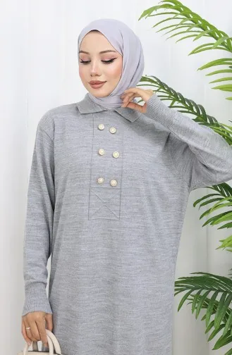 Knitwear Polo Collar Button Detailed Dress 0007-01 Gray 0007-01