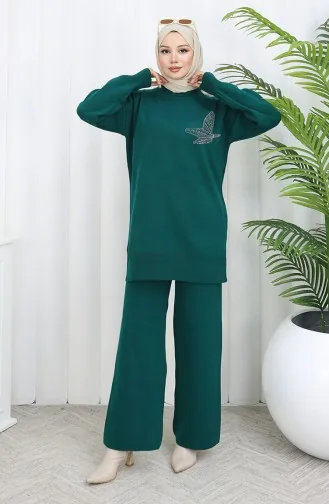 Knitwear Stone Printed Tunic Trousers Two Piece Set 1053-04 Petrol 1053-04