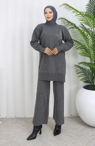 Gebreid Stenen Bedrukt Tuniek Broek Tweedelig Pak 1053-06 Grijs 1053-06