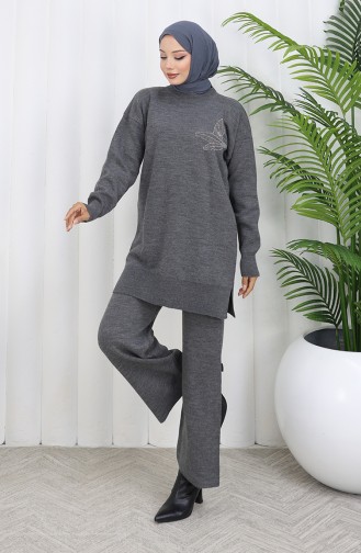 Knitwear Stone Printed Tunic Trousers Two Piece Suit 1053-06 Gray 1053-06