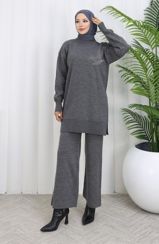 Knitwear Stone Printed Tunic Trousers Two Piece Suit 1053-06 Gray 1053-06