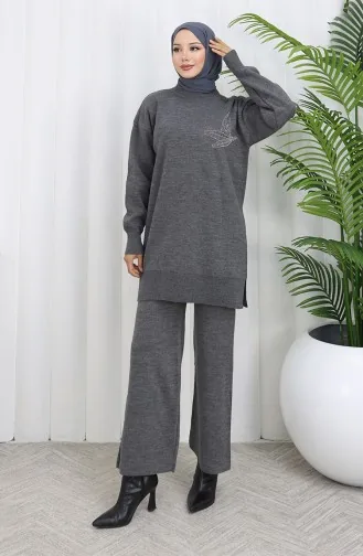 Gebreid Stenen Bedrukt Tuniek Broek Tweedelig Pak 1053-06 Grijs 1053-06