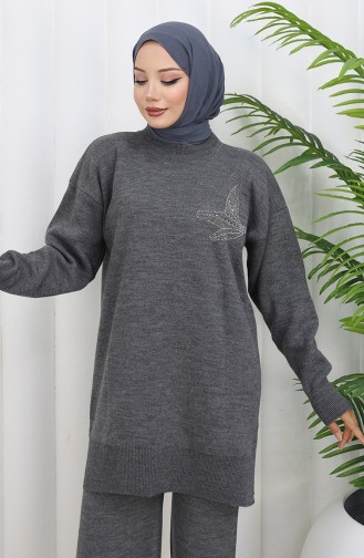 Knitwear Stone Printed Tunic Trousers Two Piece Suit 1053-06 Gray 1053-06