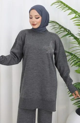Gebreid Stenen Bedrukt Tuniek Broek Tweedelig Pak 1053-06 Grijs 1053-06