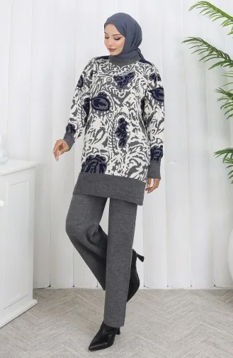 طقم تونيك وبنطلون محبوك مزخرف من قطعتين 1060-01 رمادي 1060-01