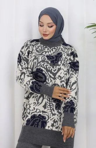 طقم تونيك وبنطلون محبوك مزخرف من قطعتين 1060-01 رمادي 1060-01