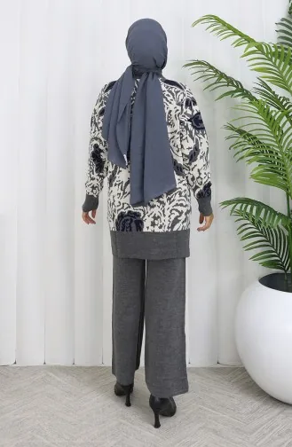 طقم تونيك وبنطلون محبوك مزخرف من قطعتين 1060-01 رمادي 1060-01
