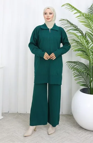 Ensemble Deux Pièces En Tricot Tunique à Rayures Zippées Et Pantalon 1073-05 Pétrole 1073-05