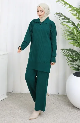 Ensemble Deux Pièces En Tricot Tunique à Rayures Zippées Et Pantalon 1073-05 Pétrole 1073-05