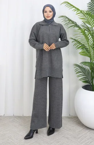 Triko Fermuarlı Çizgili Tunik Pantolon İkili Takım 1073-08 Gri