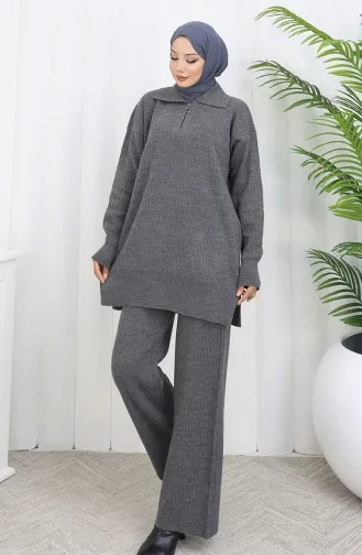 Triko Fermuarlı Çizgili Tunik Pantolon İkili Takım 1073-08 Gri