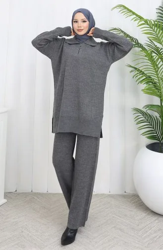 Triko Fermuarlı Çizgili Tunik Pantolon İkili Takım 1073-08 Gri