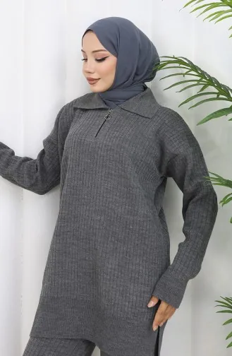 Triko Fermuarlı Çizgili Tunik Pantolon İkili Takım 1073-08 Gri