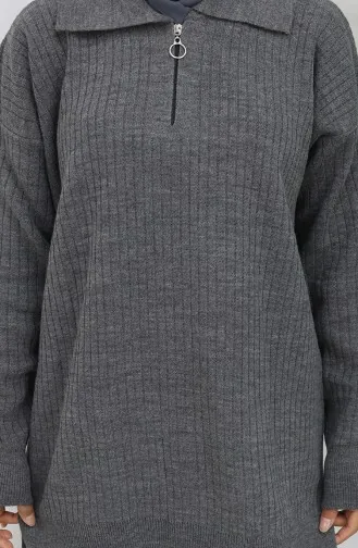 Triko Fermuarlı Çizgili Tunik Pantolon İkili Takım 1073-08 Gri