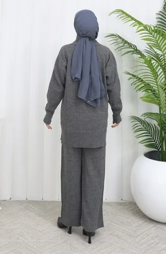 Triko Fermuarlı Çizgili Tunik Pantolon İkili Takım 1073-08 Gri