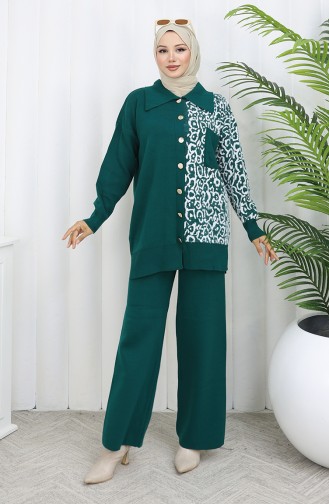 Knitwear Garnish Buttoned Tunic Trousers Two Piece Suit 1078-01 Petrol 1078-01