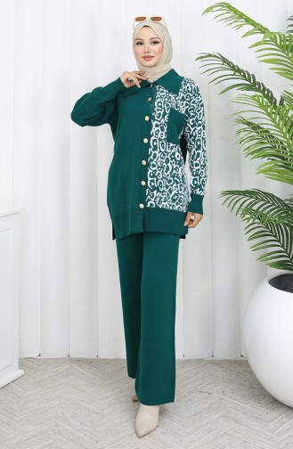 Knitwear Garnish Buttoned Tunic Trousers Two Piece Suit 1078-01 Petrol 1078-01