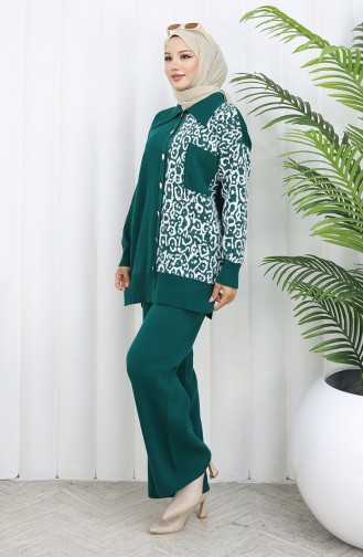 Knitwear Garnish Buttoned Tunic Trousers Two Piece Suit 1078-01 Petrol 1078-01