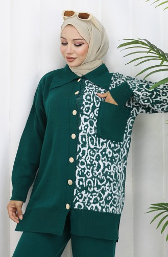 Knitwear Garnish Buttoned Tunic Trousers Two Piece Suit 1078-01 Petrol 1078-01