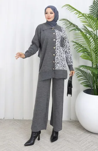 Gebreid Versierd Geknoopt Tuniek Broek Tweedelig Pak 1078-06 Grijs 1078-06