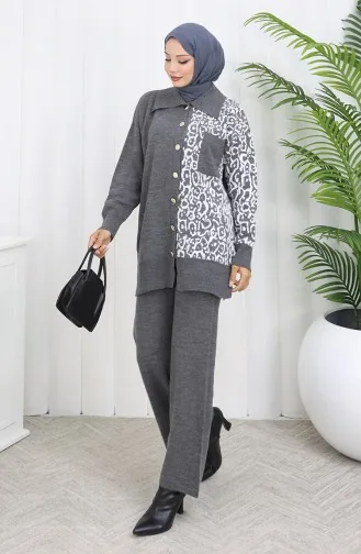 Gebreid Versierd Geknoopt Tuniek Broek Tweedelig Pak 1078-06 Grijs 1078-06