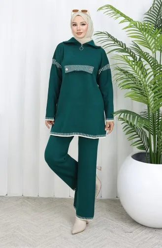 Knitwear Stand Collar Zippered Tunic Trousers Two Piece Suit 1105-02 Petrol 1105-02