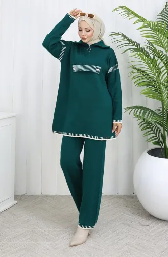Knitwear Stand Collar Zippered Tunic Trousers Two Piece Suit 1105-02 Petrol 1105-02
