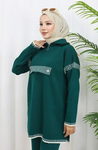 Knitwear Stand Collar Zippered Tunic Trousers Two Piece Suit 1105-02 Petrol 1105-02