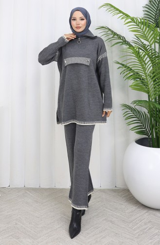 Knitwear Stand Collar Zippered Tunic Trousers Two Piece Suit 1105-08 Gray 1105-08