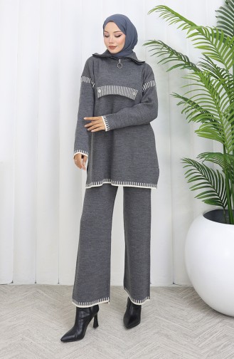 Knitwear Stand Collar Zippered Tunic Trousers Two Piece Suit 1105-08 Gray 1105-08