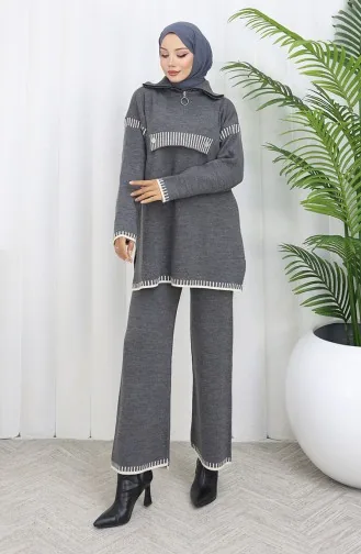 Strickmode Stehkragen Reißverschluss Tunika Hose Zweiteiler 1105-08 Grau 1105-08