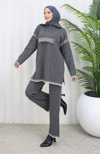 Knitwear Stand Collar Zippered Tunic Trousers Two Piece Suit 1105-08 Gray 1105-08
