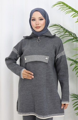 Knitwear Stand Collar Zippered Tunic Trousers Two Piece Suit 1105-08 Gray 1105-08