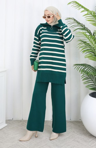 Ensemble Deux Pièces En Tricot Col Roulé Tunique Rayée Et Pantalon 1107-01 Petrol 1107-01