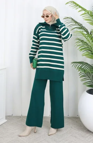 Gebreide Coltrui Gestreepte Tuniek Broek Tweedelig Pak 1107-01 Petrol 1107-01