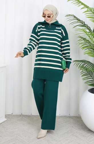 Ensemble Deux Pièces En Tricot Col Roulé Tunique Rayée Et Pantalon 1107-01 Petrol 1107-01