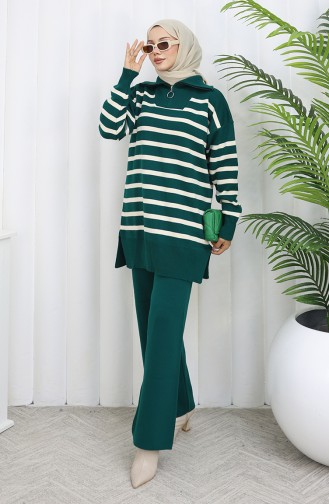 Ensemble Deux Pièces En Tricot Col Roulé Tunique Rayée Et Pantalon 1107-01 Petrol 1107-01