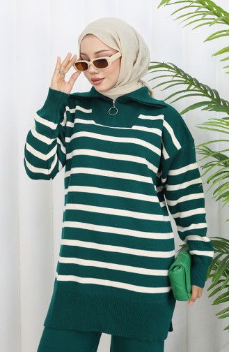 Ensemble Deux Pièces En Tricot Col Roulé Tunique Rayée Et Pantalon 1107-01 Petrol 1107-01