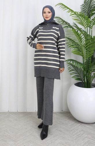 Knitwear Turtleneck Striped Tunic Trousers Two Piece Suit 1107-04 Gray 1107-04