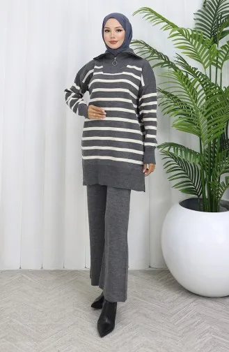 بدلة من قطعتين، بنطال مخطط بياقة مدورة، محبوكة، 1107-04، رمادي 1107-04