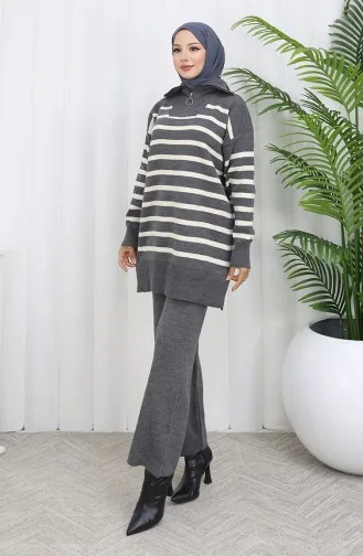 بدلة من قطعتين، بنطال مخطط بياقة مدورة، محبوكة، 1107-04، رمادي 1107-04