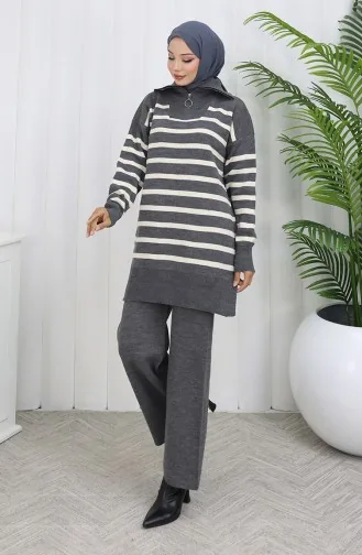 بدلة من قطعتين، بنطال مخطط بياقة مدورة، محبوكة، 1107-04، رمادي 1107-04