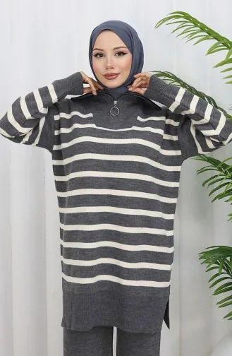 بدلة من قطعتين، بنطال مخطط بياقة مدورة، محبوكة، 1107-04، رمادي 1107-04