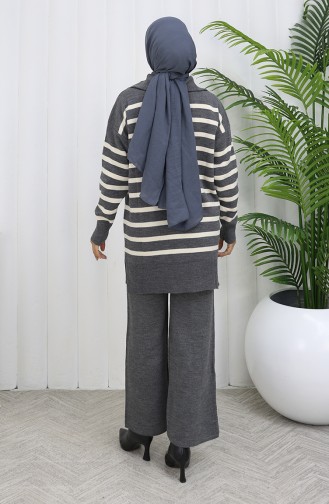 Knitwear Turtleneck Striped Tunic Trousers Two Piece Suit 1107-04 Gray 1107-04