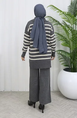 بدلة من قطعتين، بنطال مخطط بياقة مدورة، محبوكة، 1107-04، رمادي 1107-04