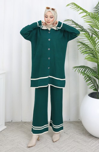 Strickmode Polokragen Geknöpfte Tunika Hose Zweiteiliger Anzug 1108-02 Petrol 1108-02
